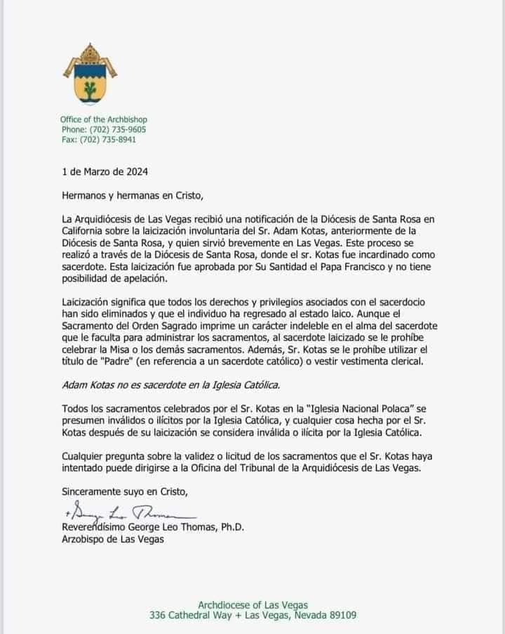 Iglesia Católica remueve a Adam Kotas remoción del sacerdocio