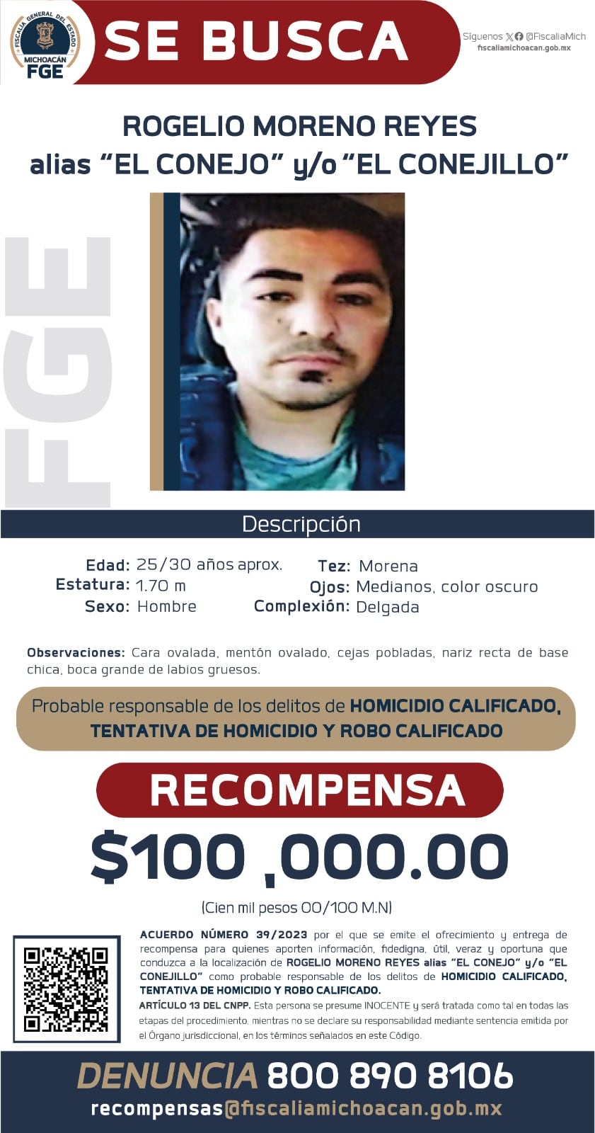 Fiscalía de Michoacán ofrece recompensa de 100 mil pesos para localizar a involucrados en el asesinato de Hipólito Mora