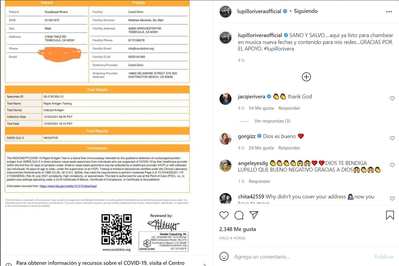 Lupillo RIvera comparte prueba de Covid-19