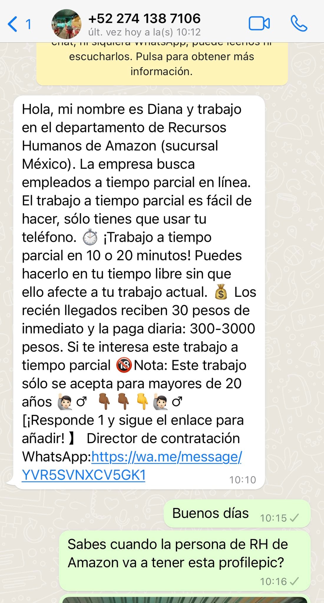 Fraude de WhatsApp con supuesto empleo de Amazon