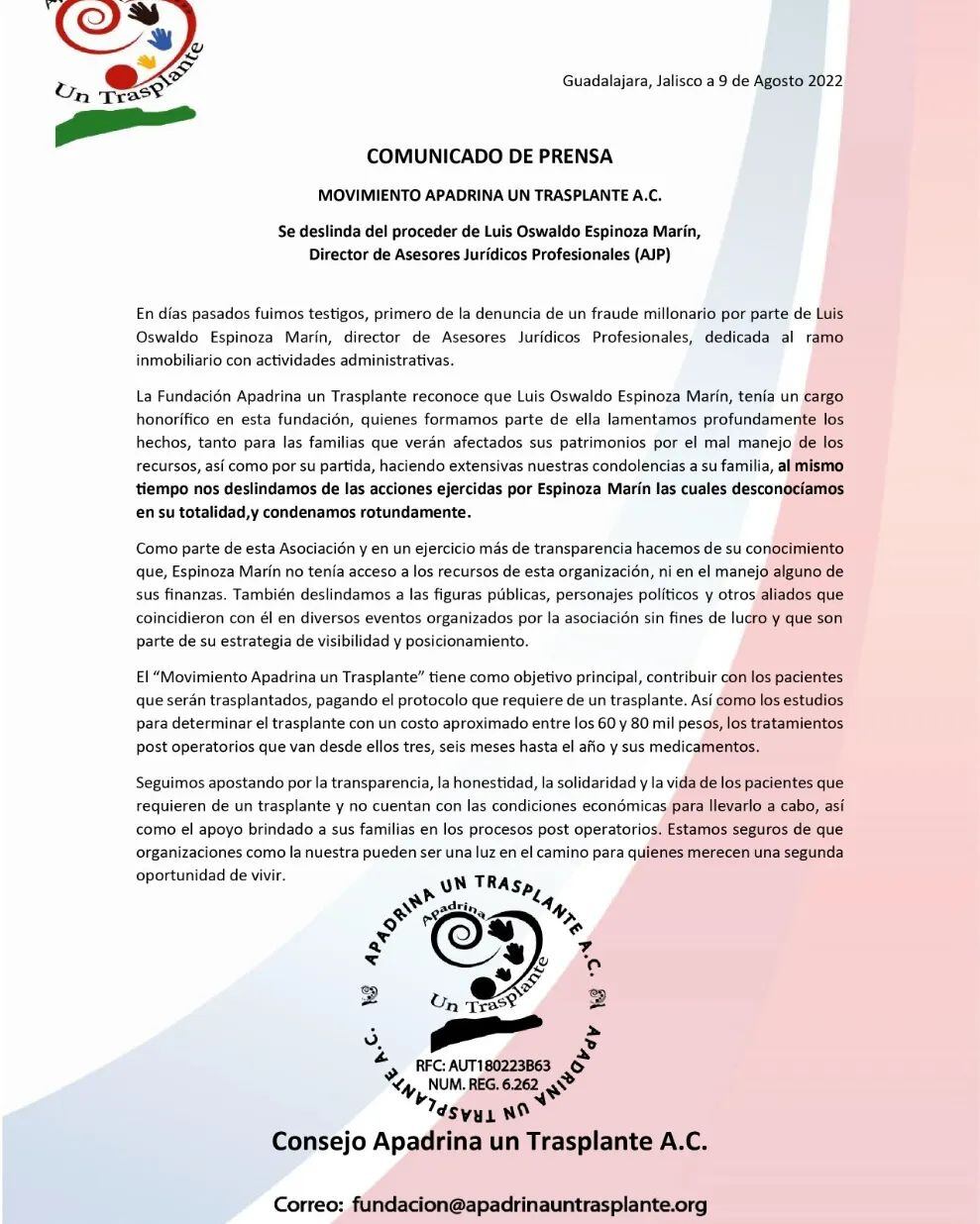 Comunicado de Apadrina un Trasplante/@apduntrasplante