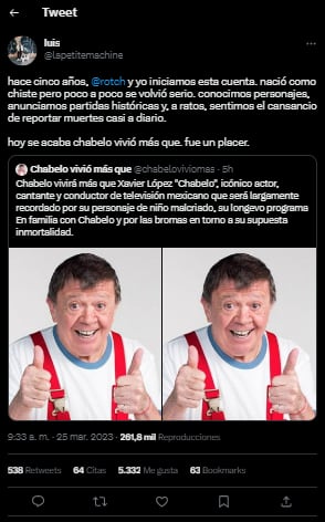 El emotivo mensaje de despedida dedicado a Chabelo en cuenta parodia de Twitter