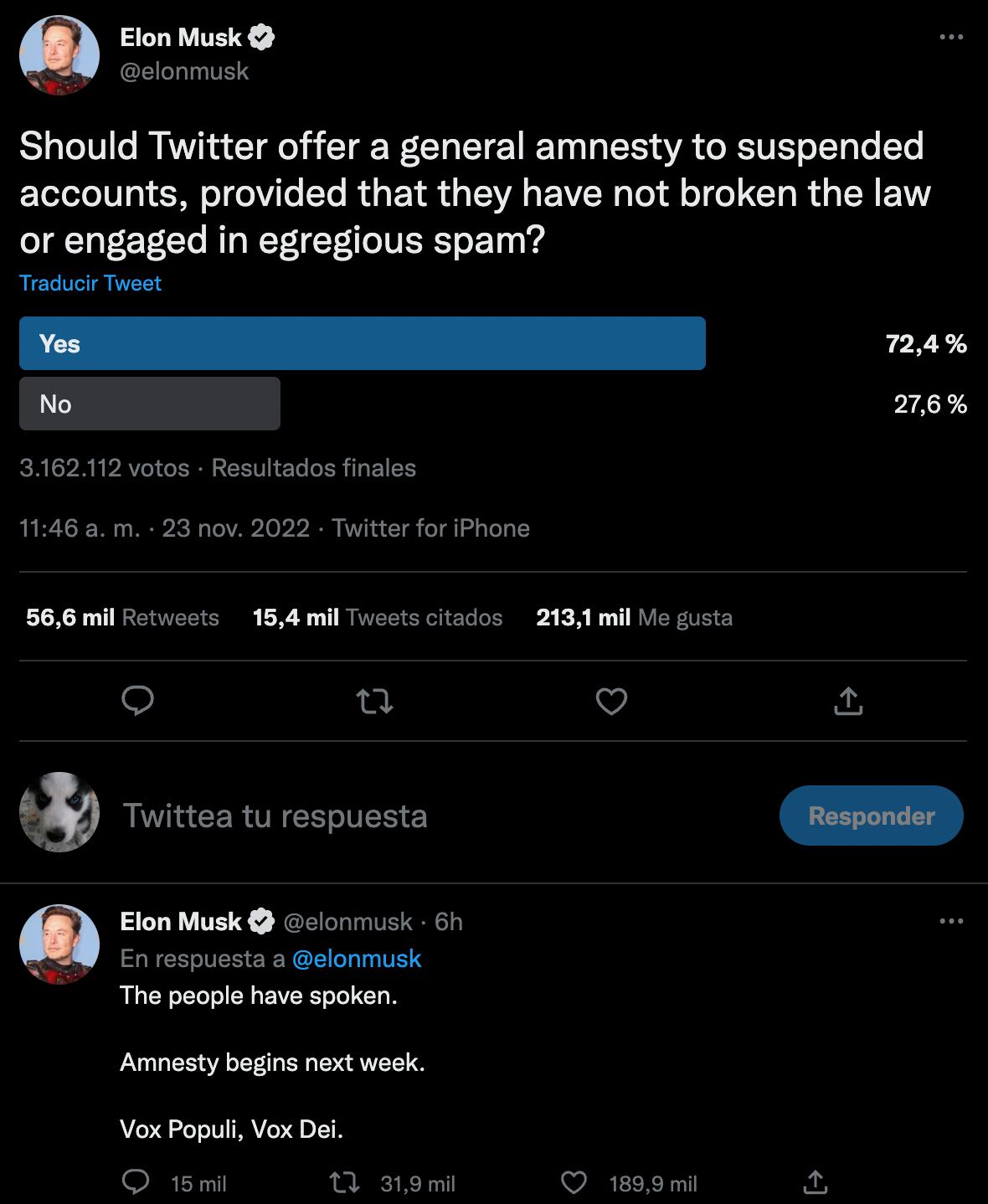 Elon Musk sobre regresar cuentas suspendidas