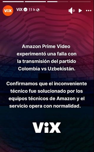 ViX informa sobre el error en el partido Colombia vs Uzbekistán.