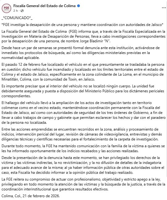 Fiscalía de Colima investiga para localizar al hijo de Jorge Luis Preciado