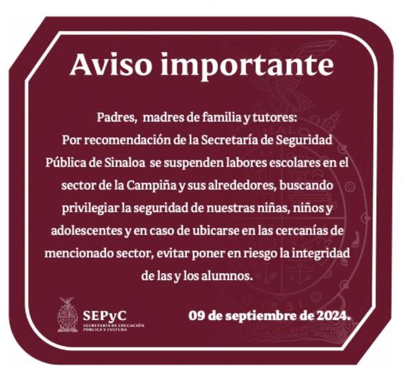 Suspenden clases en Culiacán, Sinaloa, por violencia