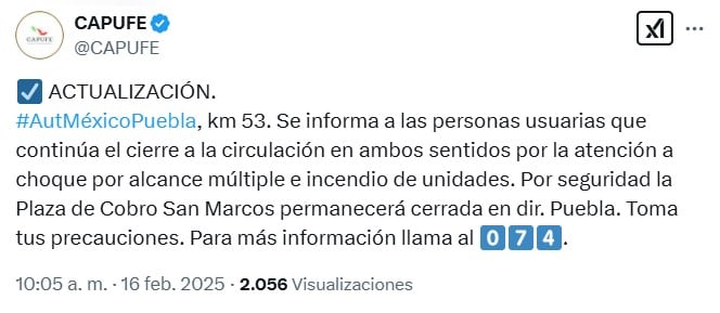 Accidente autopista México-Puebla hoy 16 de febrero