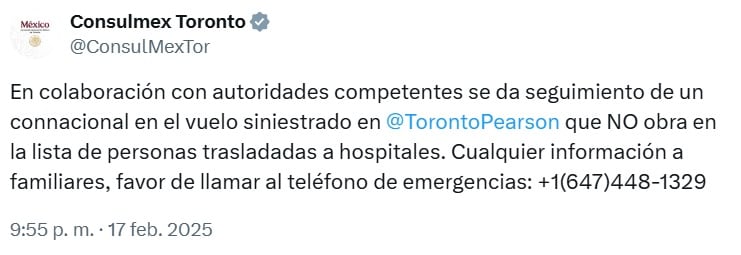 Un ciudadano mexicano estadounidense estaría entre los heridos del avión de Delta Airlines tras accidente en Toronto