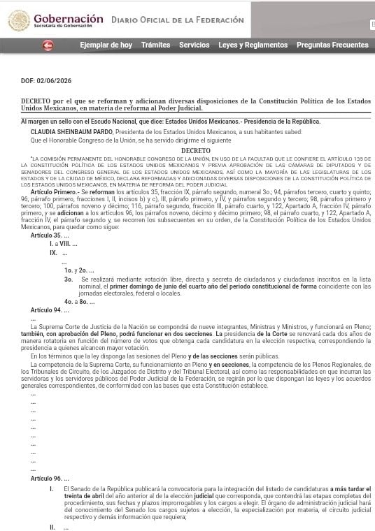 Publican en el DOF reformas judicial y de nulidad por injerencia extranjera