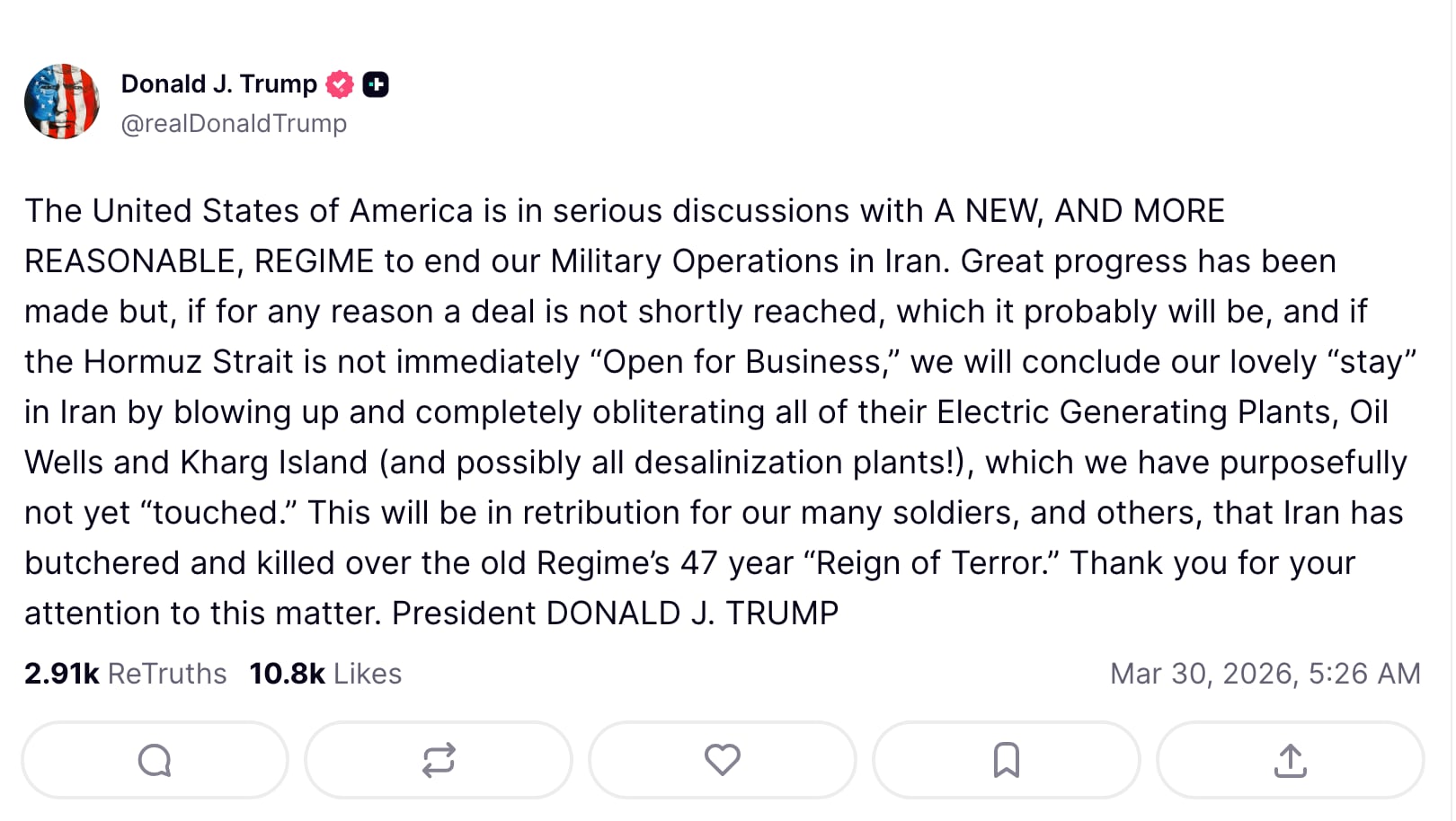 Trump amenaza a Irán si no abre el estrecho de Ormuz