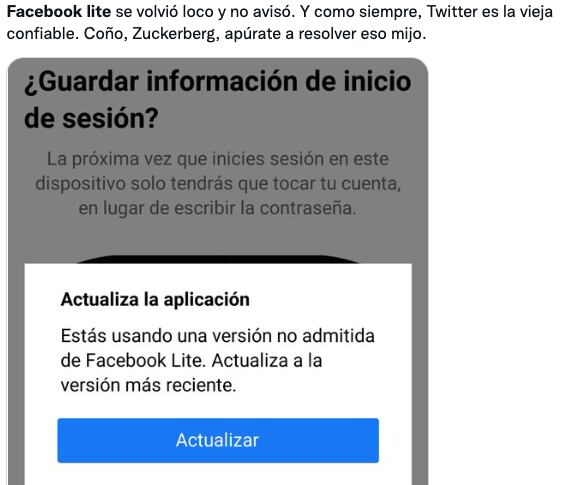 Tuit caída de Facebook Lite