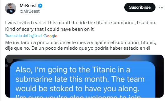 MrBeast cuenta que fue invitado a viajar en el submarino Titán en busca del Titanic.