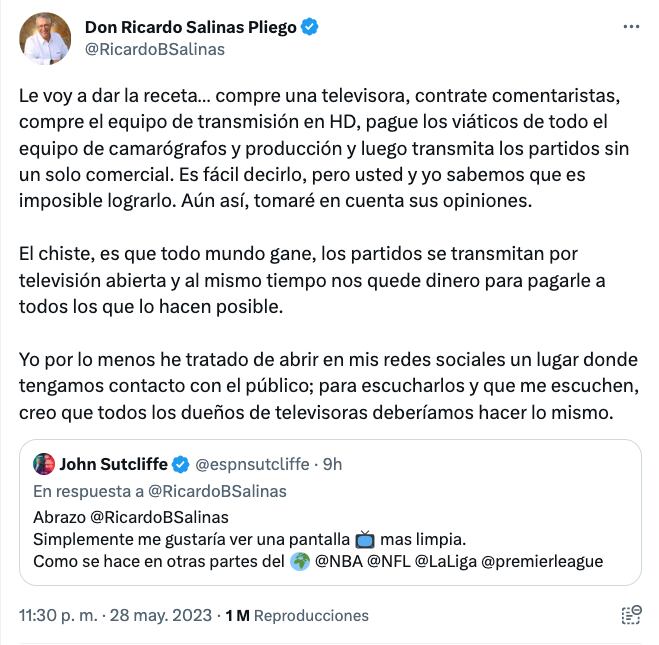 Ricardo Salinas Pliego responde a John Sutcliffe por la transmisión de TV Azteca por final Chivas vs Tigres