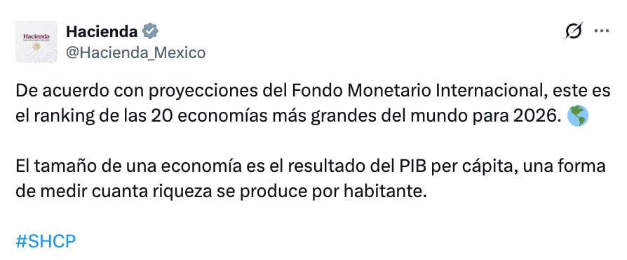 SHCP presume a México entre las 20 economías más grandes en 2026