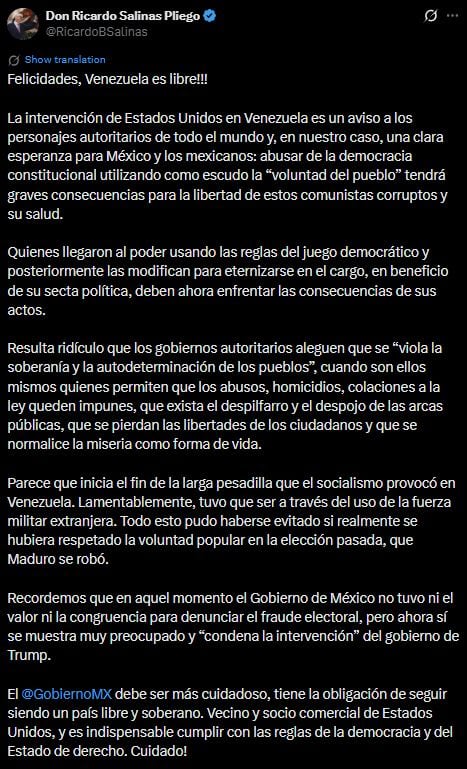 Crítica a Maduro desata reclamos contra Salinas Pliego por su cercanía con Bukele