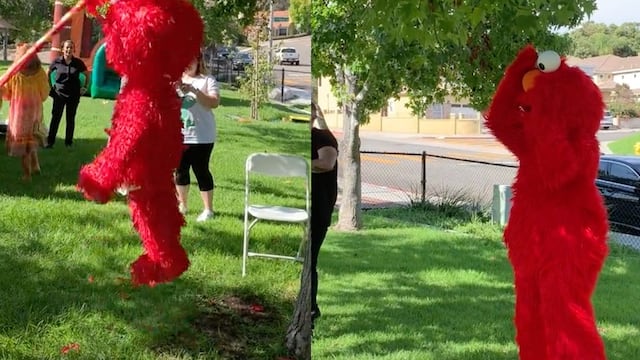 Botarga de Elmo que sufre con su piñata