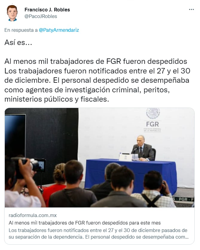 Tuit sobre despidos en el FGR