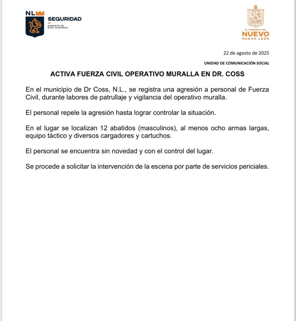 Reporte de Fuerza Civil de Nuevo León por enfrentamiento en Doctor Coss