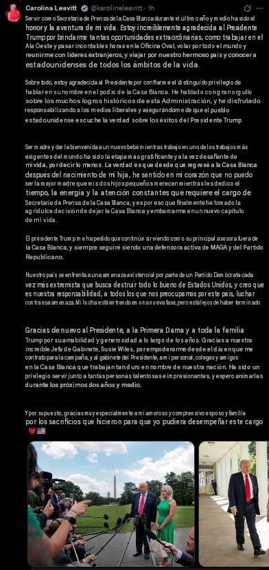 Donald Trump anuncia que Karoline Leavitt dejará la Casa Blanca
