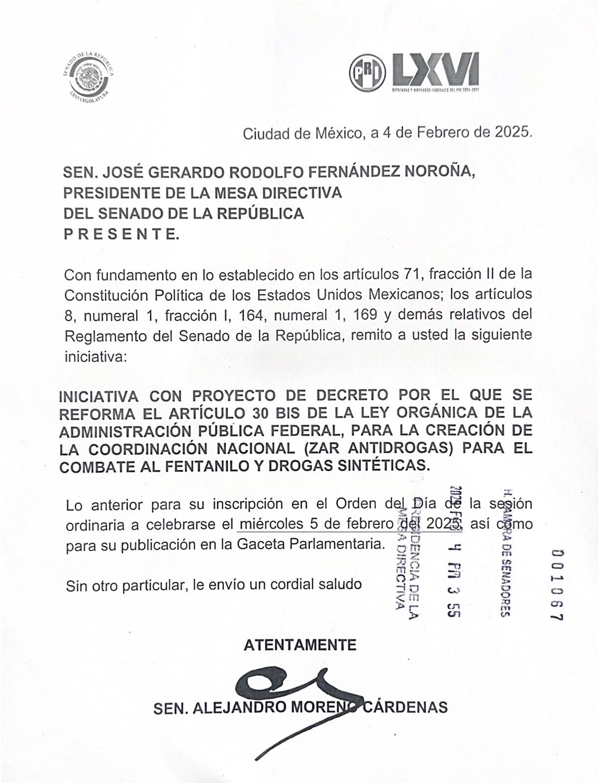 Petición de Alejandro Moreno al Senado sobre zar antidrogas.