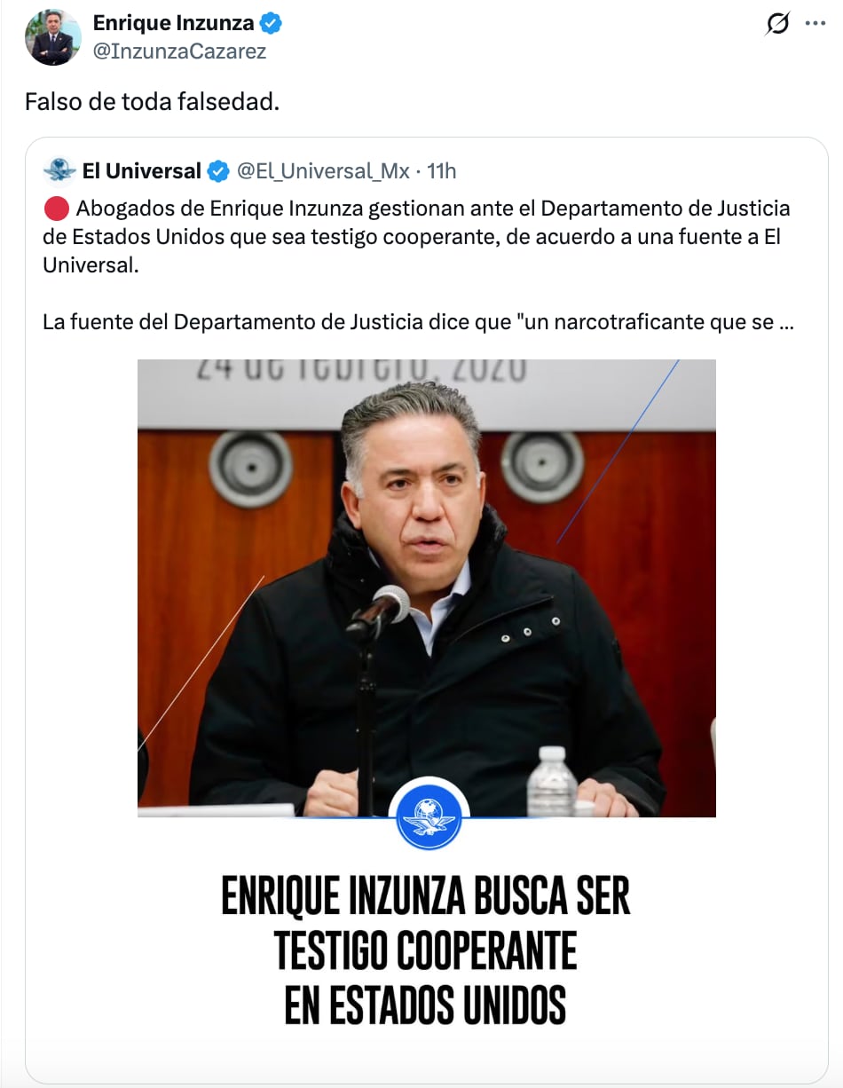 Enrique Inzunza, senador de Sinaloa, niega que busque ser testigo cooperante de Estados Unidos