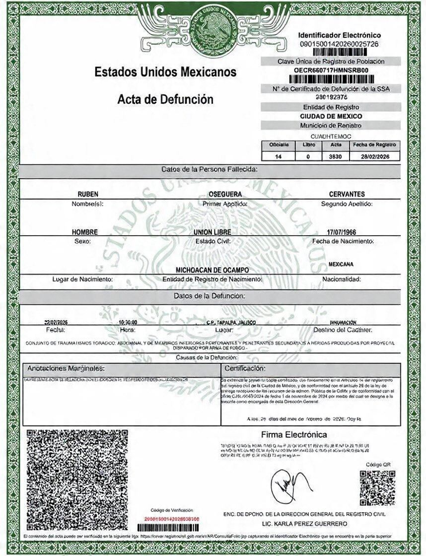 Filtran acta de defunción de Nemesio Oseguera Cervantes, 'El Mencho'