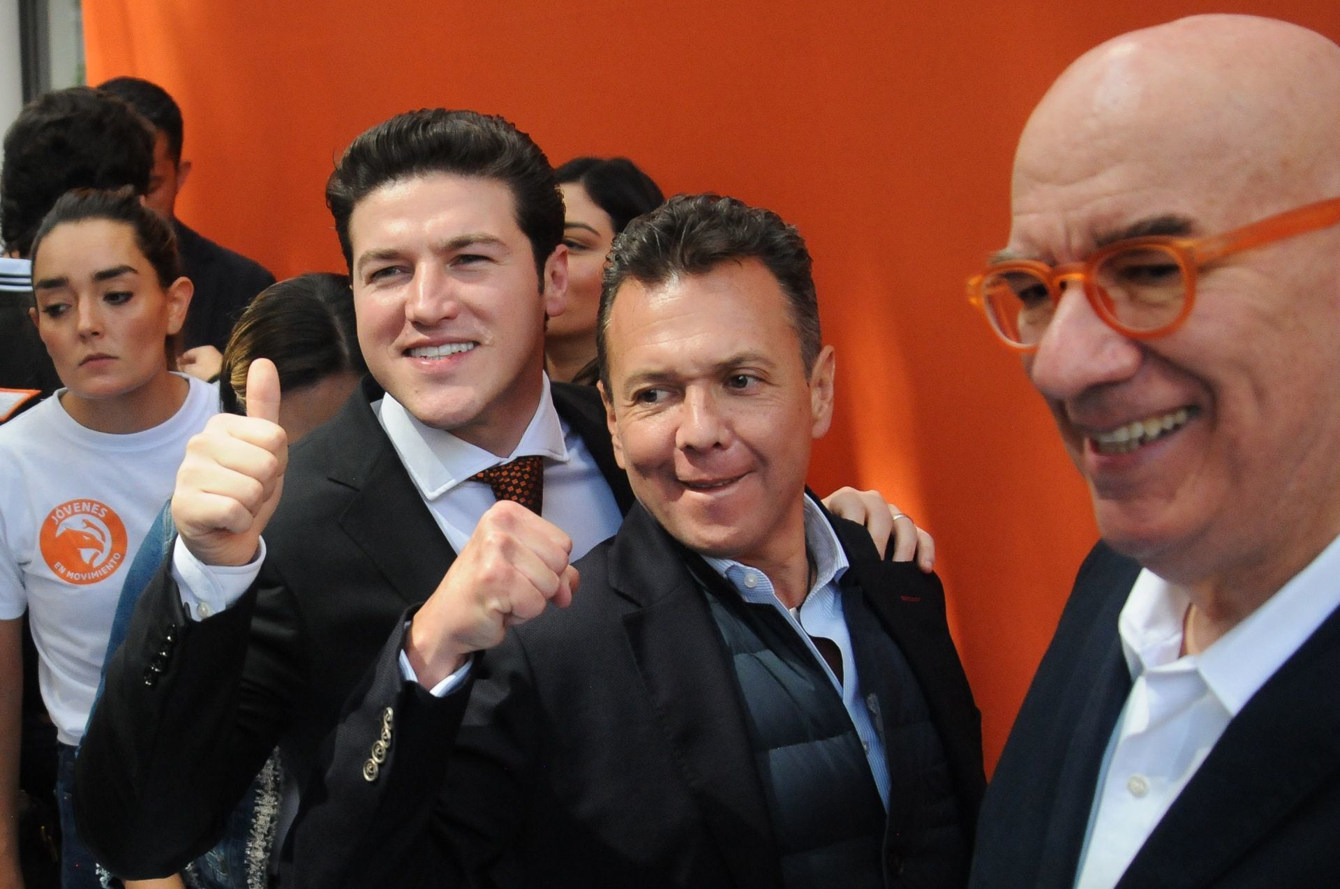 Samuel García, gobernador con licencia de Nuevo León y el aspirante a la candidatura por la gobernatura de Jalisco, Pablo Lemus, con el dirigente de MC, Dante Delgado