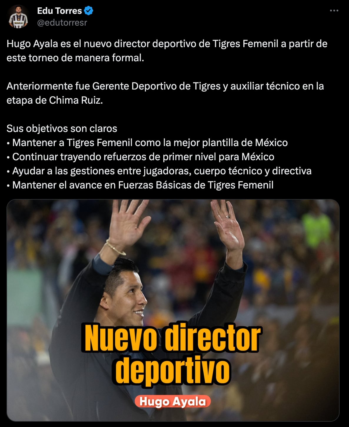 Hugo Ayala es nuevo director deportivo de Tigres femenil