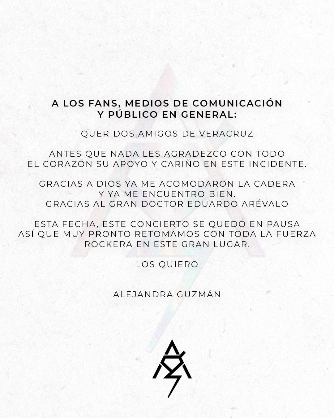 Alejandra Guzmán emite comunicado tras la lesión en cadera que sufrió durante un concierto en Veracruz