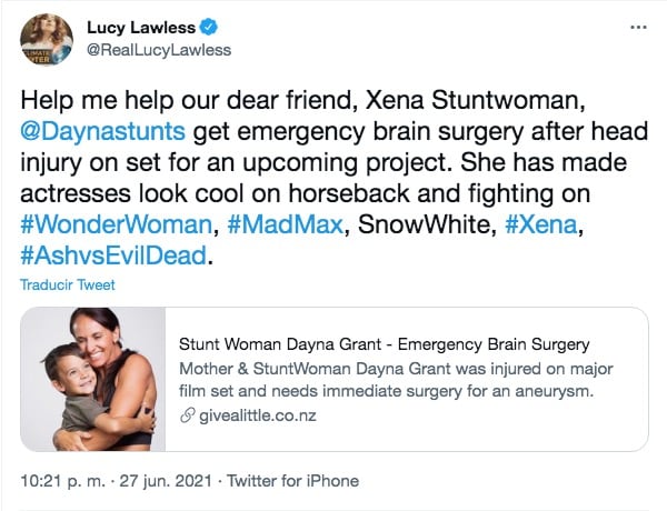 Lucy Lawless pidiendo apoyo para Dayna Grant tras accidente en El Señor de los Anillos