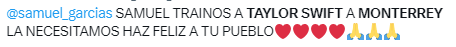 Usuarios piden a Samuel García que lleve a Taylor Swift a Monterrey.