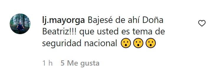 captura de pantalla de cometario de foto de Beatriz Gutiérrez Müller arriba de un árbol