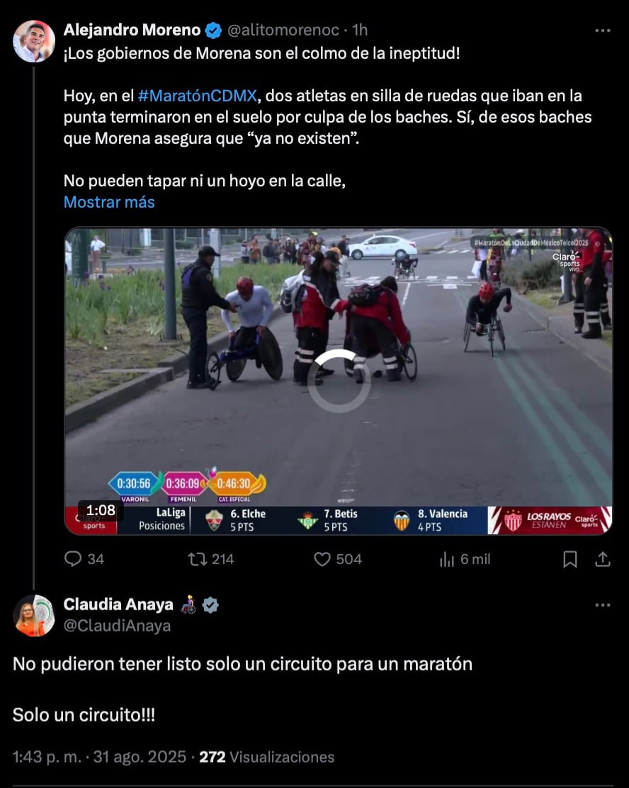 Alito Moreno critica a Morena por baches en Maratón CDMX 2025