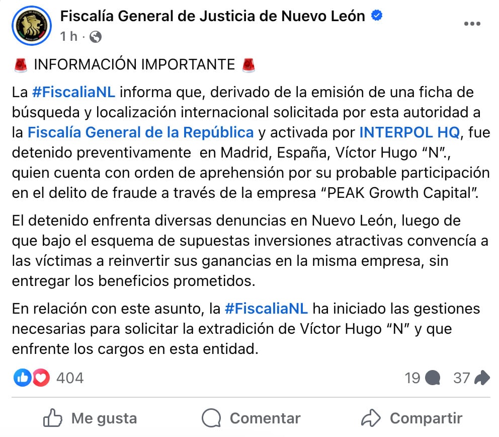 Detuvieron a Víctor Hugo Sepúlveda, fundador de Grupo Peak en España; será trasladado a Nuevo León