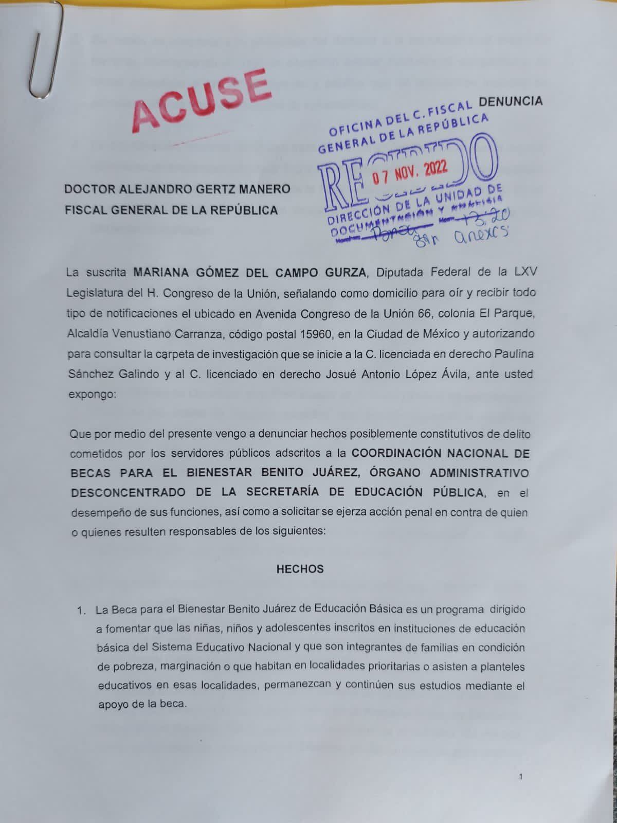Denuncia de Mariana Gómez del Campo contra Gobierno de México por no comprobación de 27 mdp de Becas del Bienestar