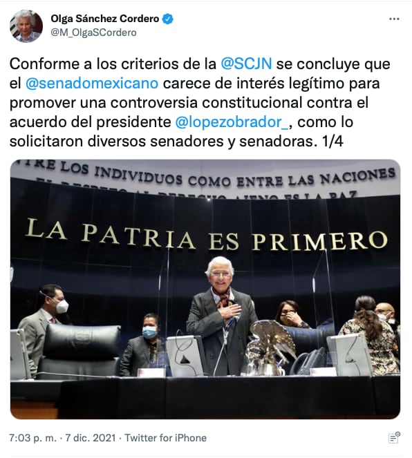 Tuit de Olga Sánchez Cordero