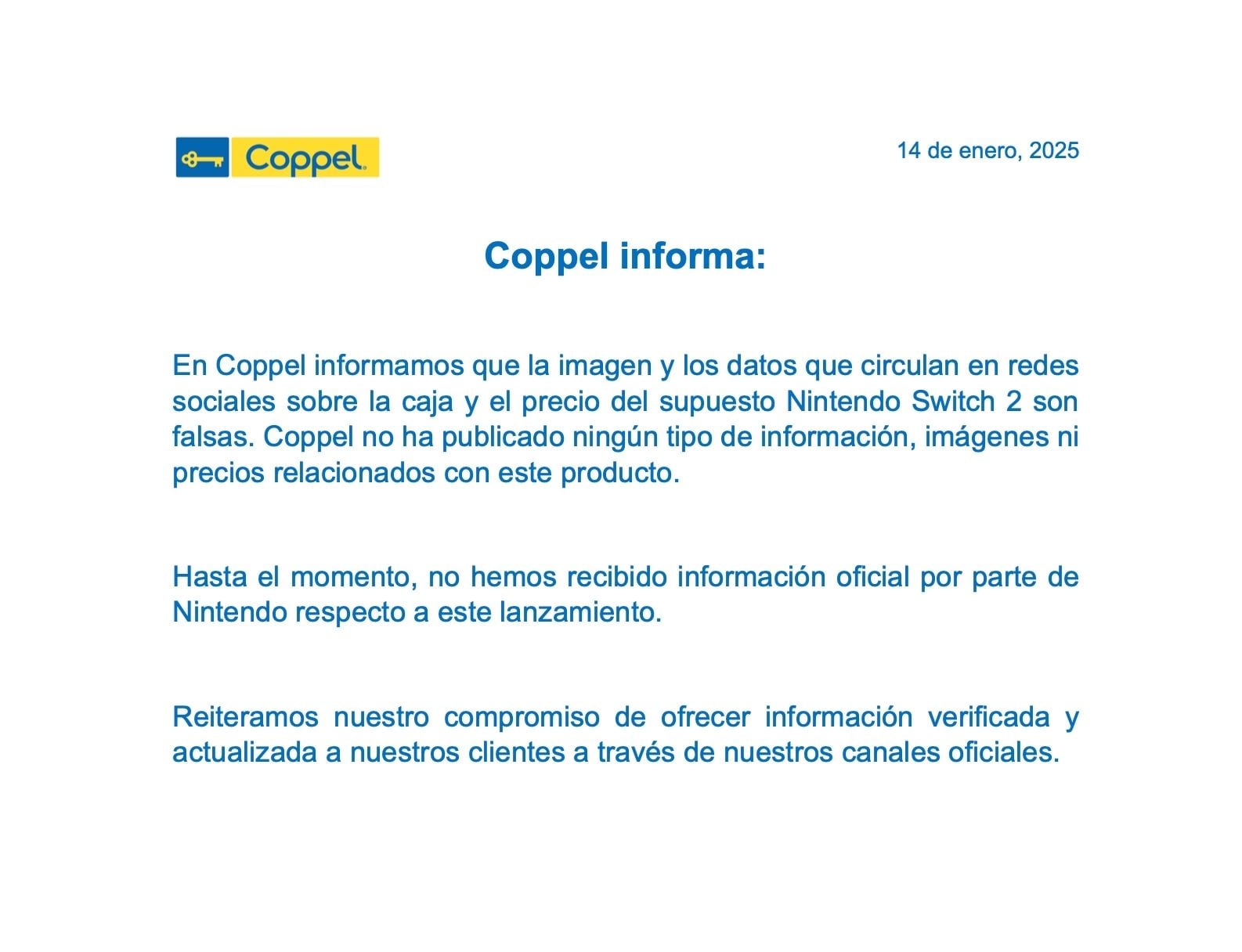 Coppel asegura no filtró nada del Nintendo Switch 2