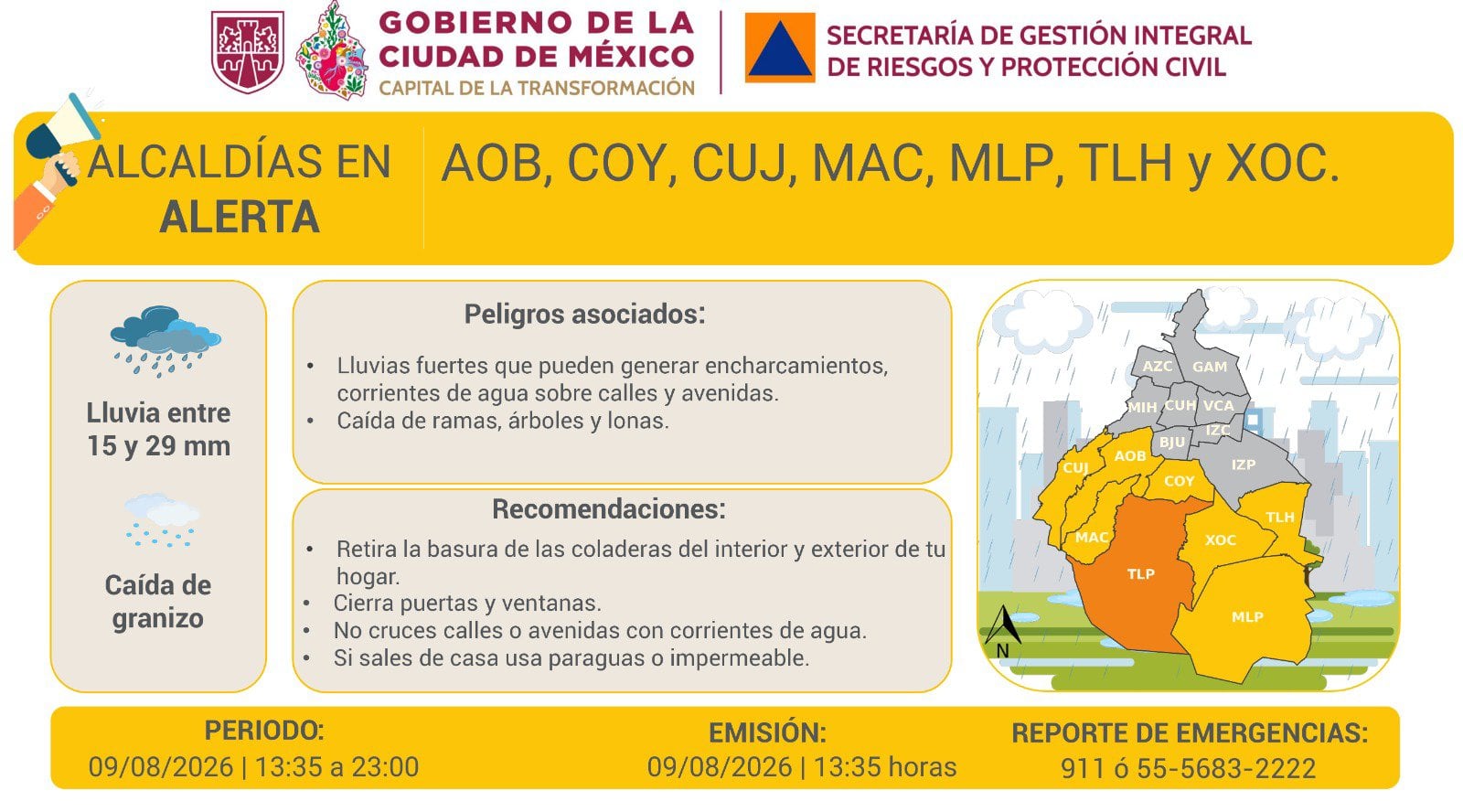 SGIRPC informa sobre lluvia en la CDMX.