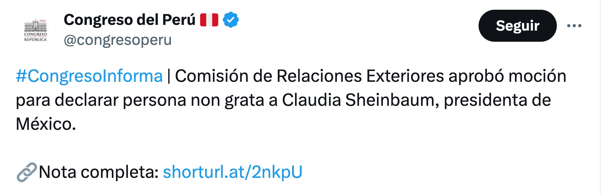 Claudia Sheinbaum sería declarada persona non grata en Perú