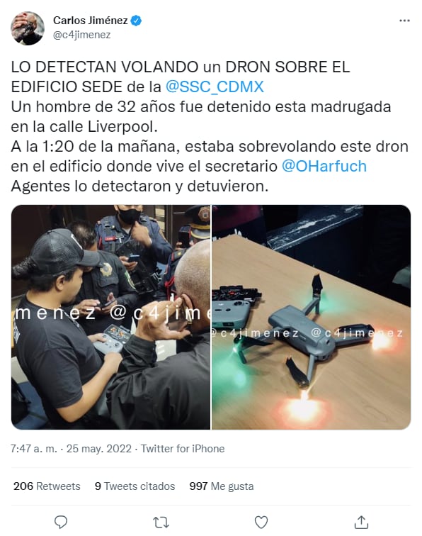 Detienen a sujeto que sobrevoló dron en edificio de la Policía CDMX