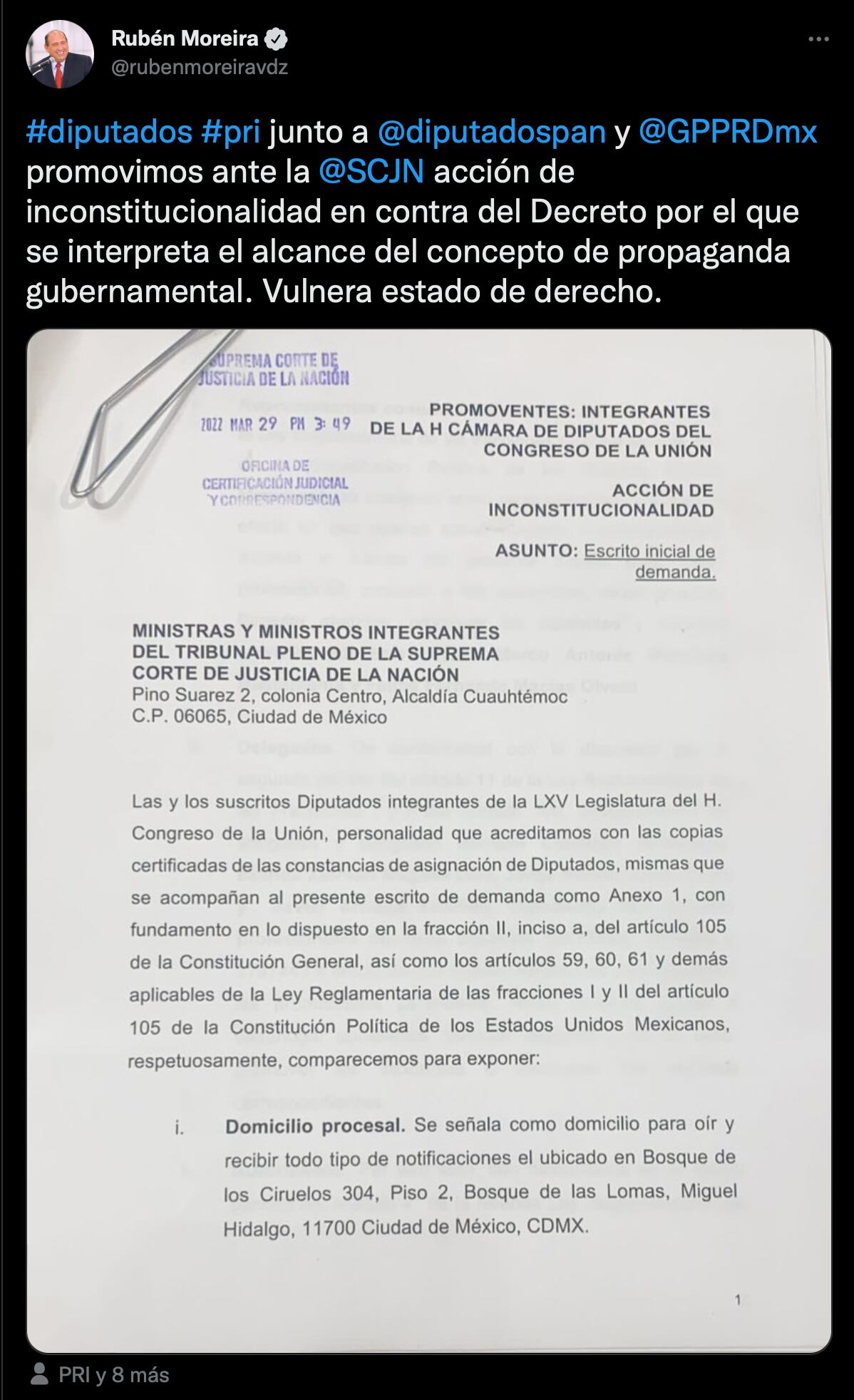 PRI, PAN Y PRD promueven acción de inconstitucionalidad ante la SCJN