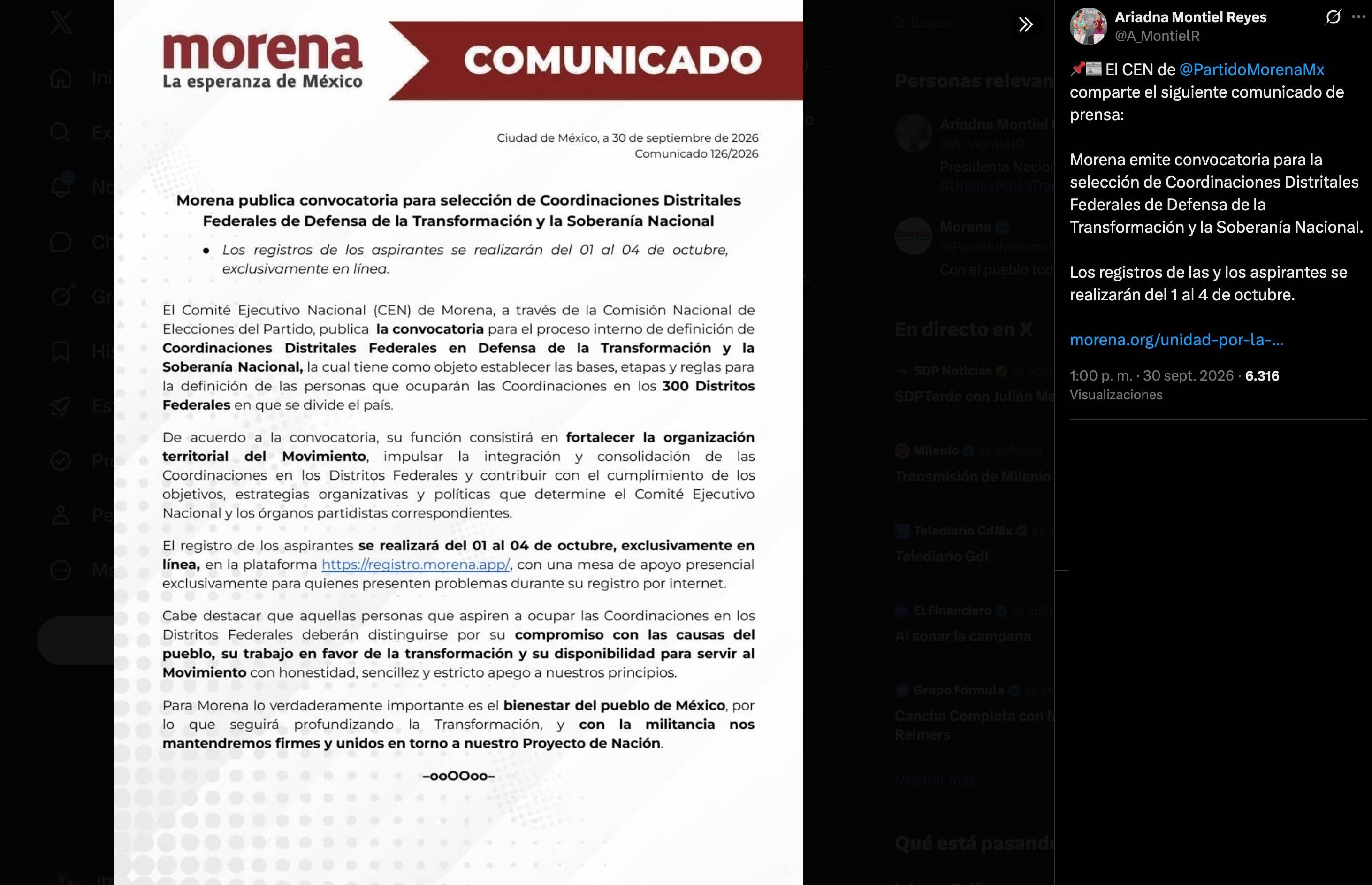 Ariadna Montiel comparte convocatoria de Morena para aspirantes a diputaciones