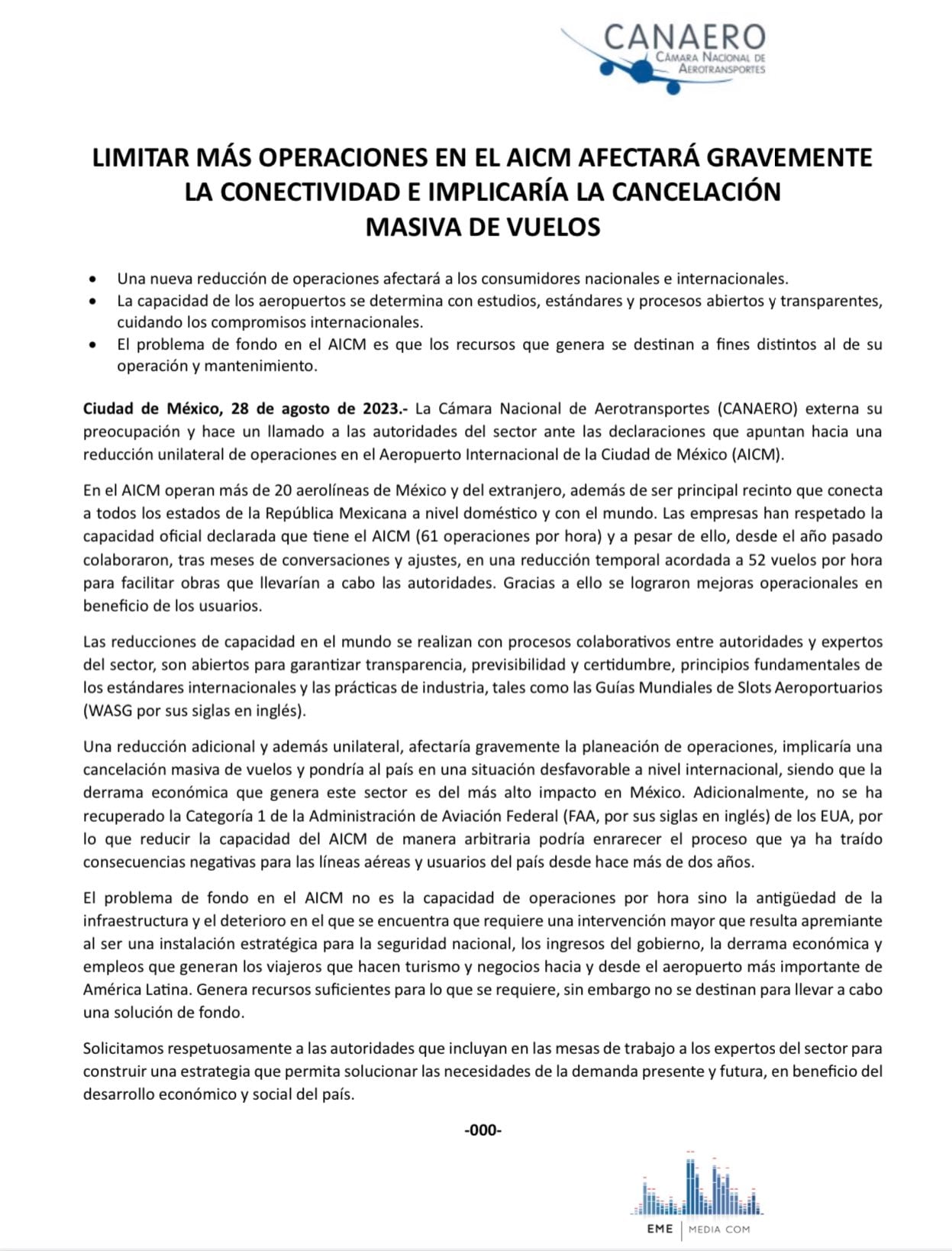 Comunicado de la CANAERO sobre la saturación del AICM