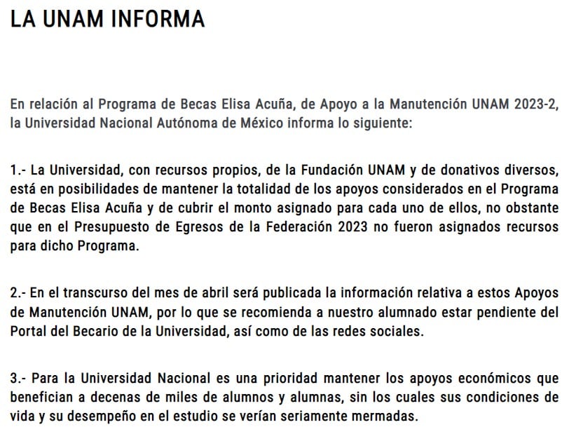 Comunicado UNAM respecto a Becas Elisa Acuña
