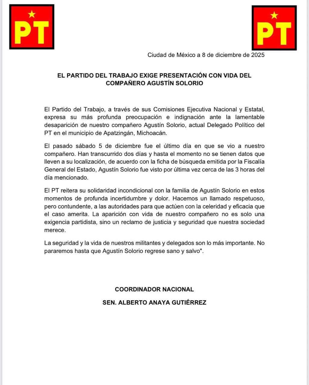 Reportan desaparición de Agustín Solorio Martínez, delegado del PT en Michoacán