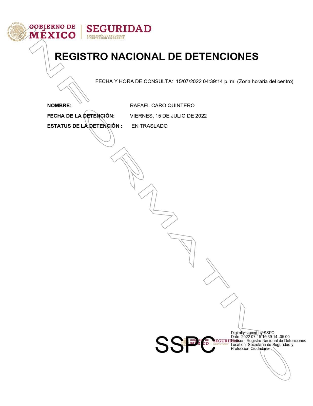 Comunicado sobre traslado de Rafael Caro Quintero