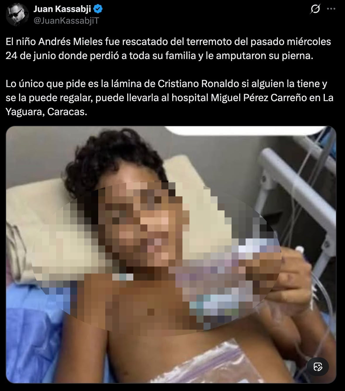 Niño afectado por el terremoto en Venezuela que recibió un saludo de Cristiano Ronaldo