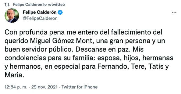 Condolencias de Felipe Calderón por la muerte de Miguel Gómez Mont Urea