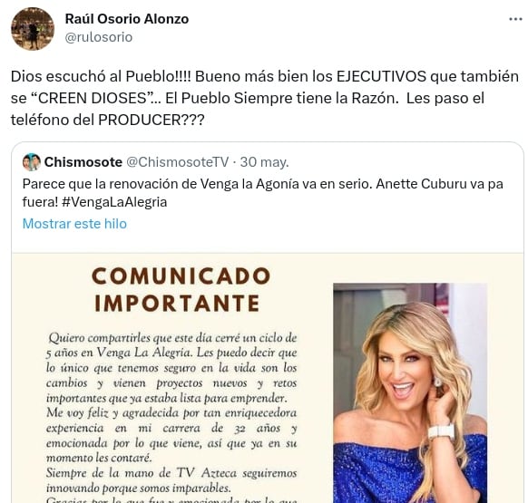 Raúl Osorio, exconductor de Venga la Alegría, se alegra de la salida de Anette Cuburo