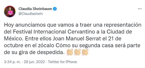 Claudia Sheinbaum anunciando el concierto de Joan Manuel Serrat